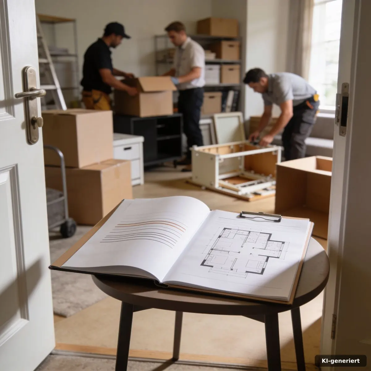 Beratung zur Räumung einer Wohnung mit Unterlagen, Kartons und demontierten Möbeln