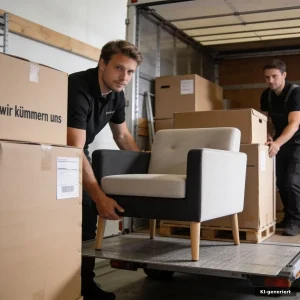 Umzug Kosten planen: Team trägt geschütztes Sofa durch ein enges Treppenhaus in einer Wohnung