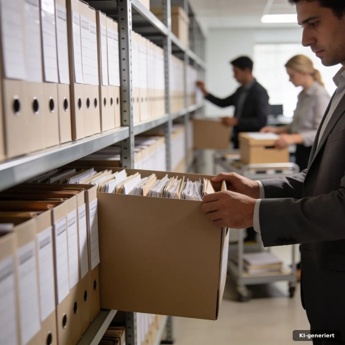 Team ordnet Archivkartons und dokumentiert die Regalstruktur