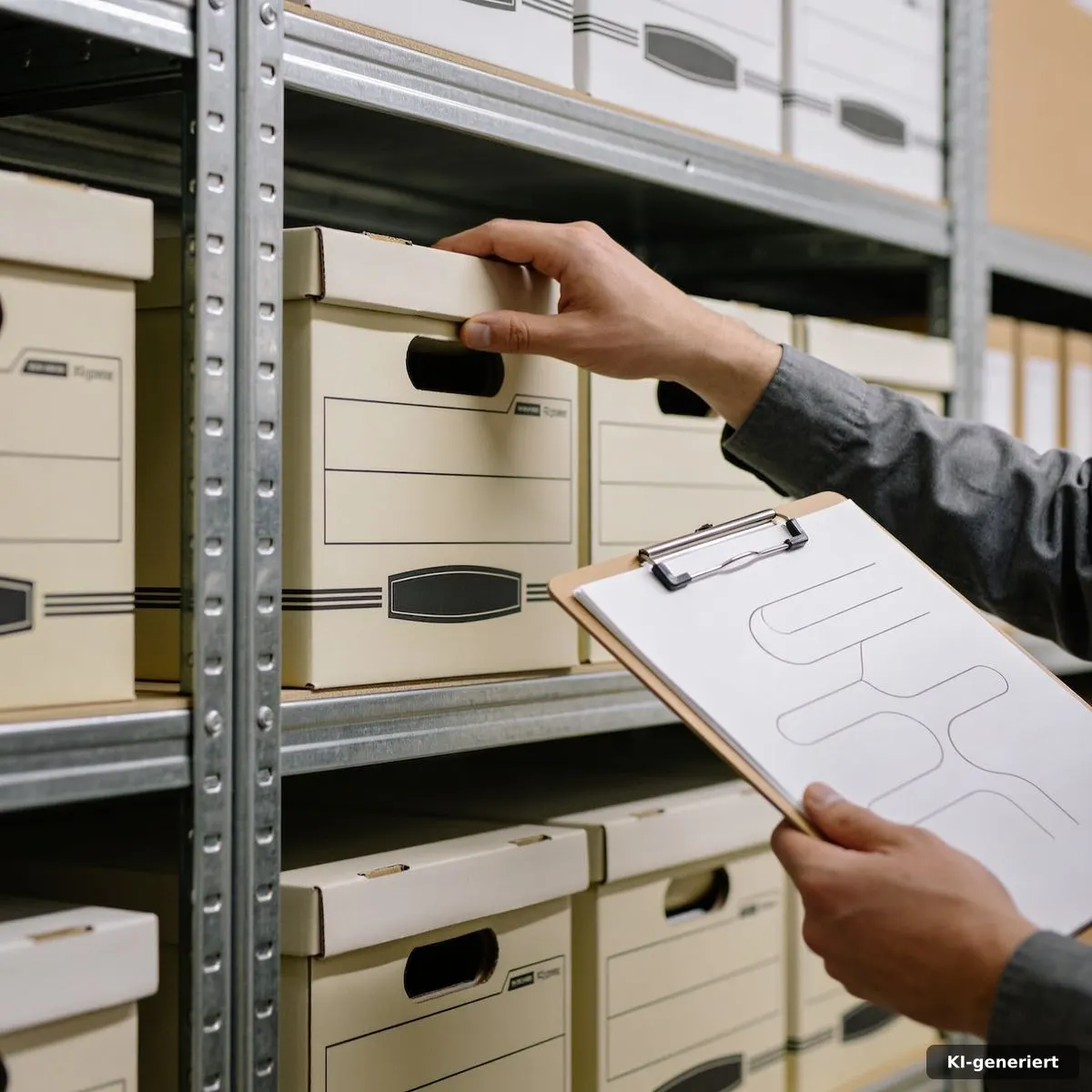 Neu eingerichteter Archivraum mit geordneten Kartons und kontrollierter Übergabe