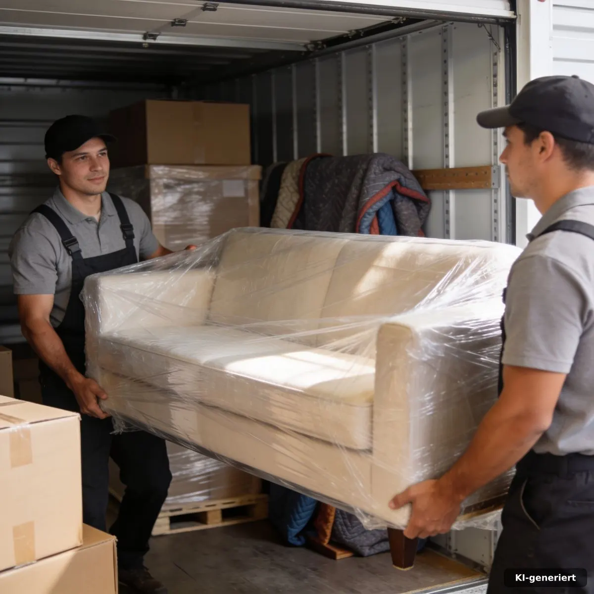 Umzugsteam bringt verpackte Möbel in einen sauberen Lagerraum