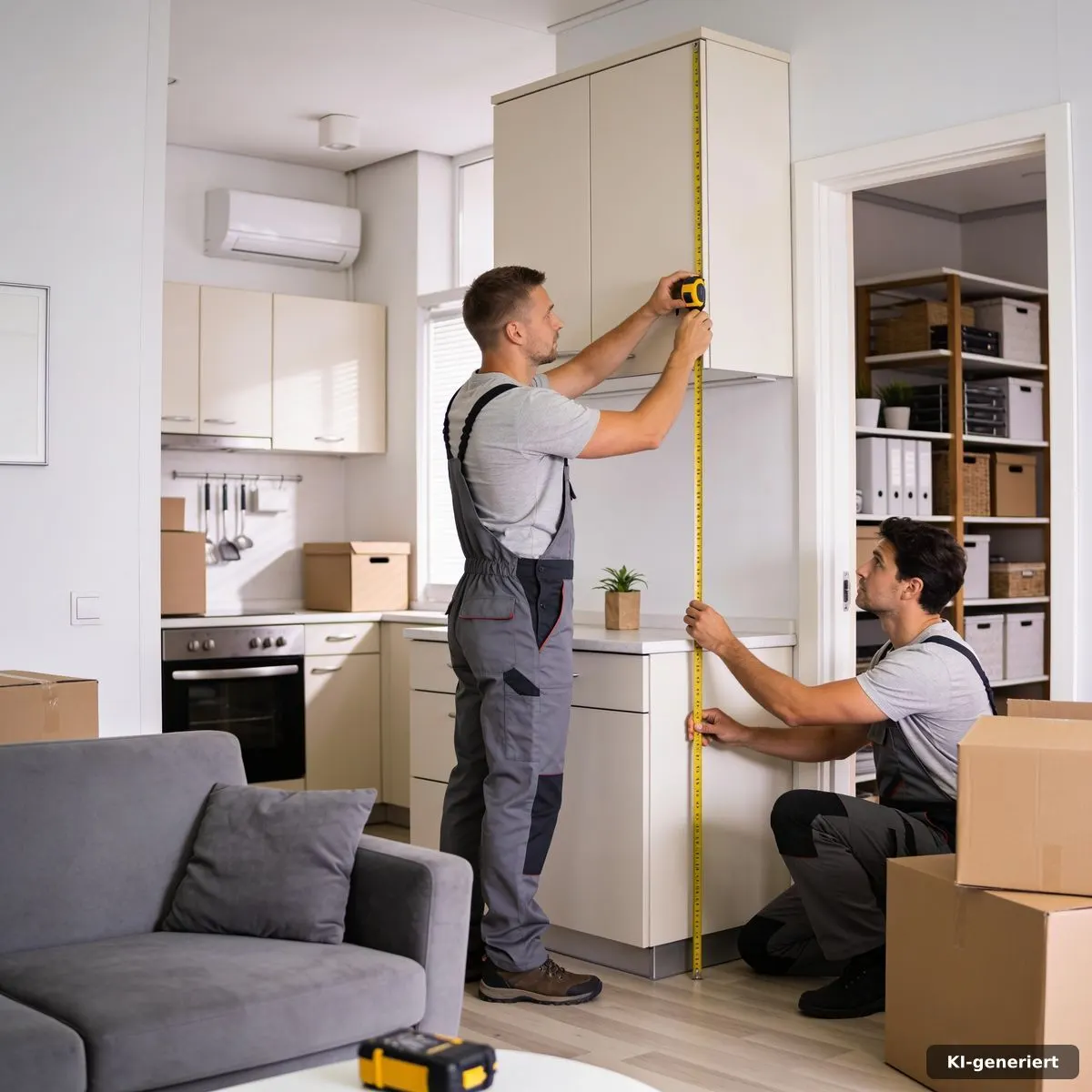 Umzugsteam prüft die Maße eines Küchenschranks an einer Wohnungstür