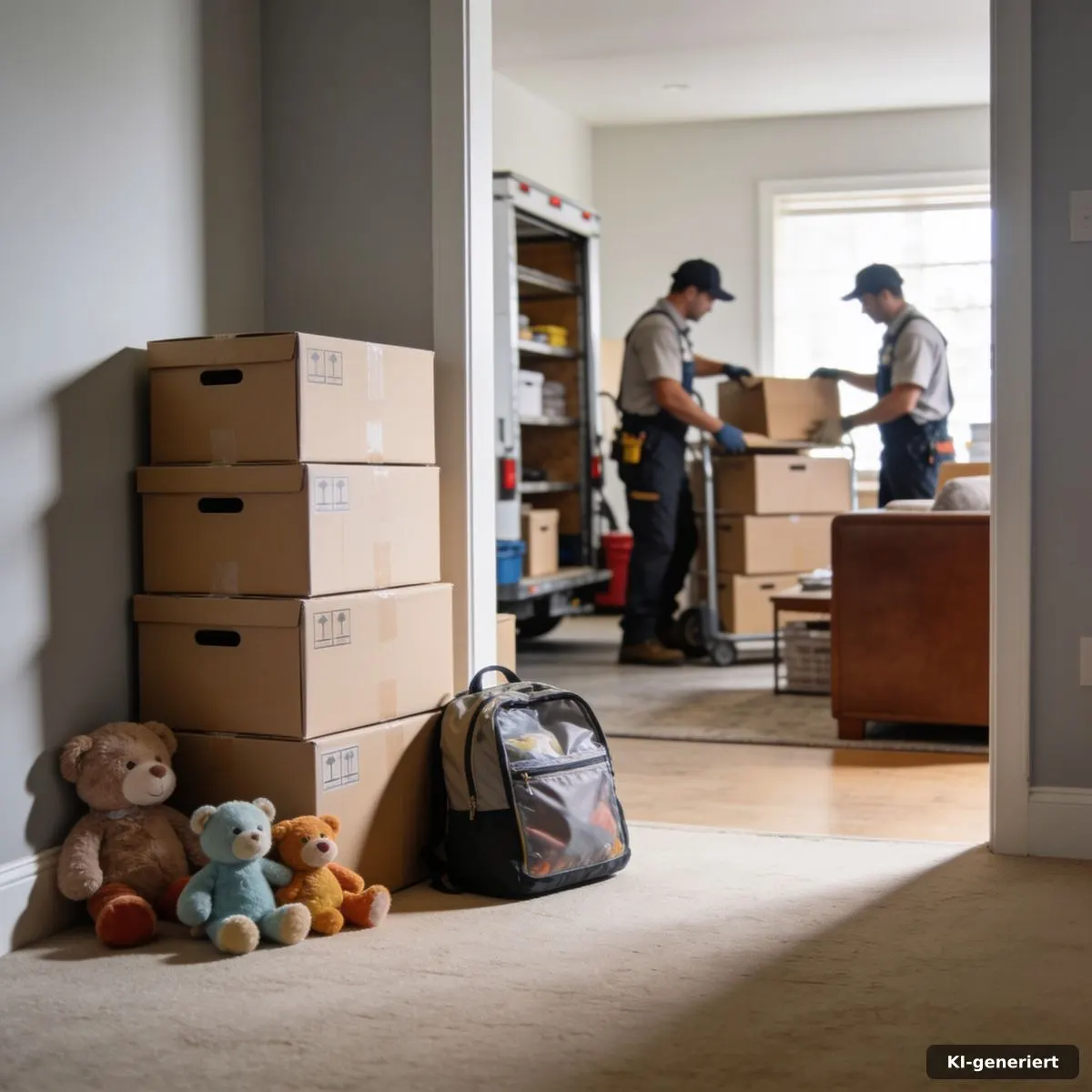 Geschützter Kinderbereich mit Spielsachen und gepackter Tasche am Umzugstag