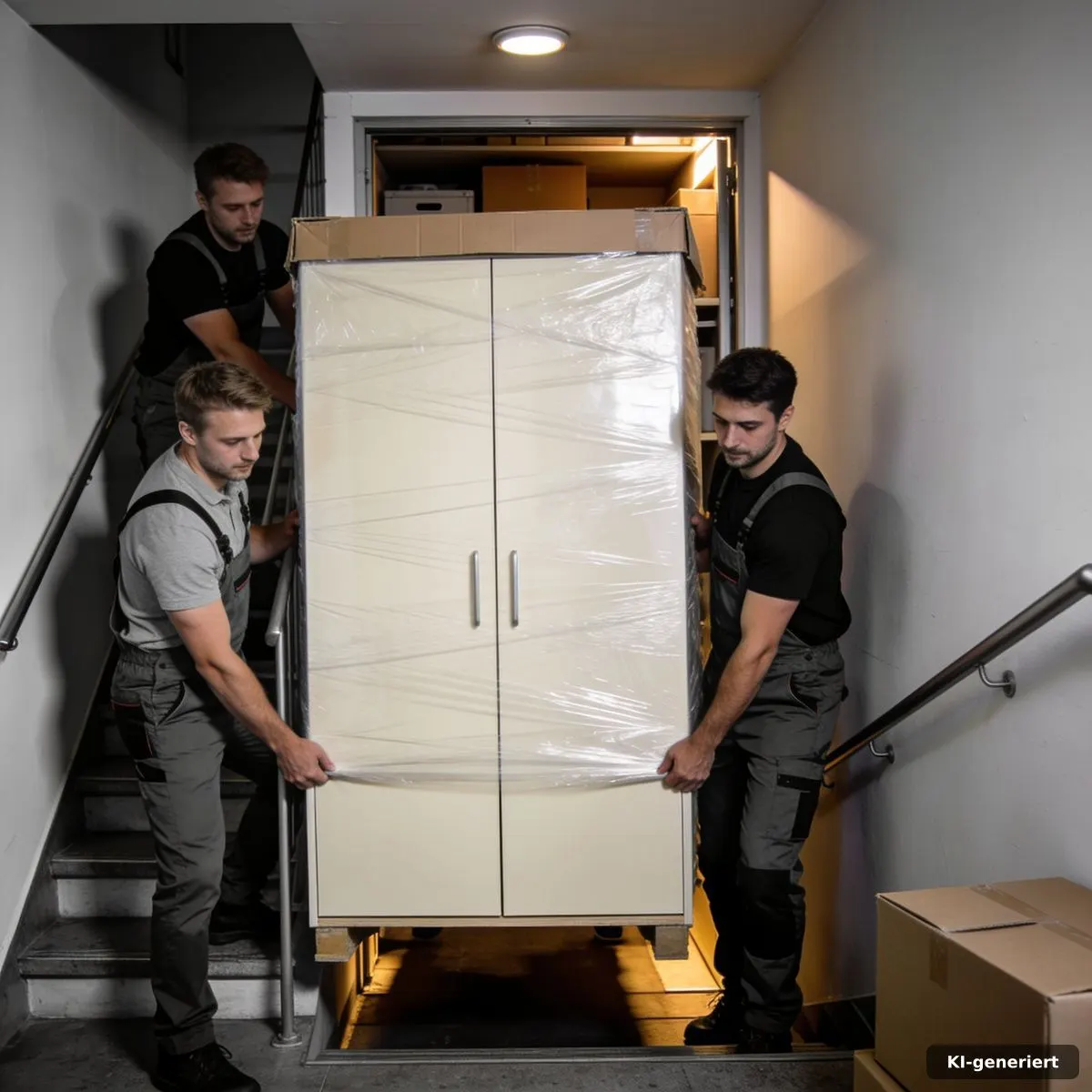 Umzugshelfer transportieren einen verpackten Schrank durch ein enges Treppenhaus