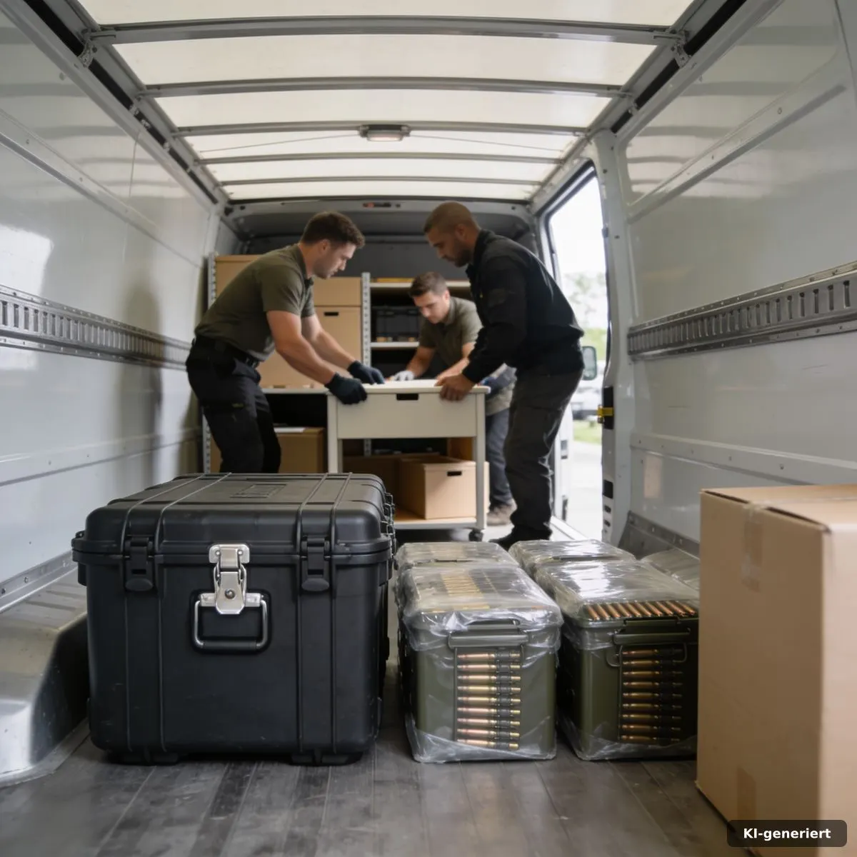 Verschlossenes Transportbehältnis und getrennt verpackte Munition im Umzugsfahrzeug