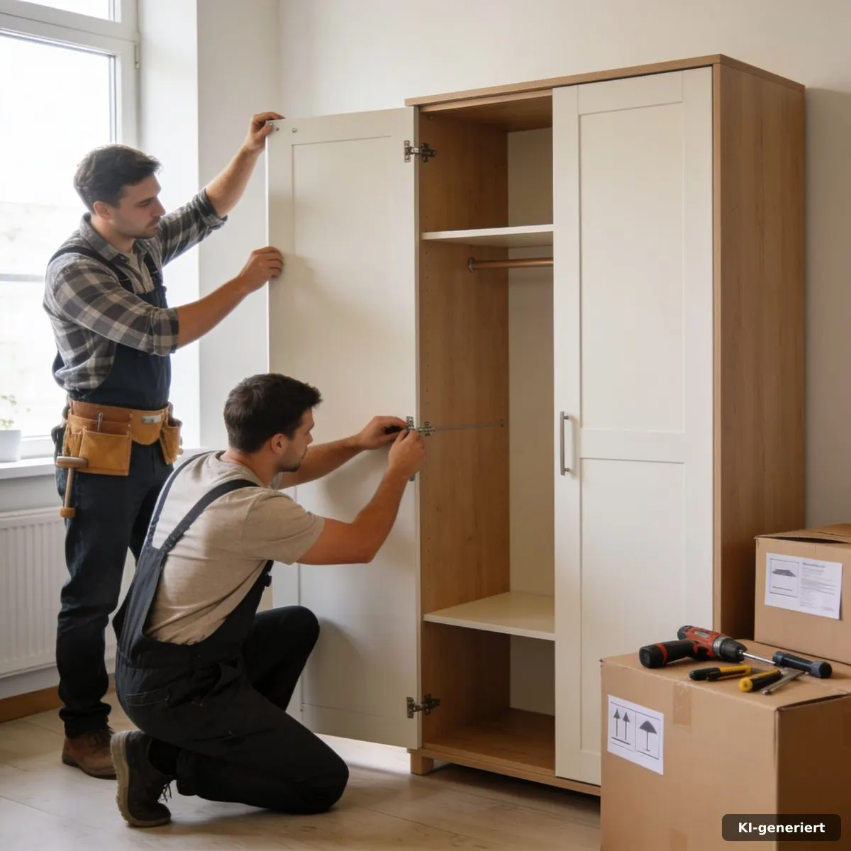Fachkraft montiert ein Möbelstück nach dem Einzug in die neue Wohnung