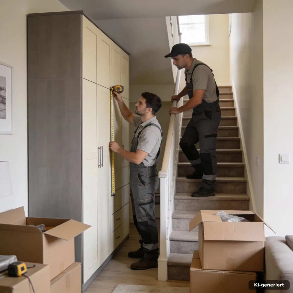 Team besichtigt eine Wohnung und prüft den Transportweg für Möbel