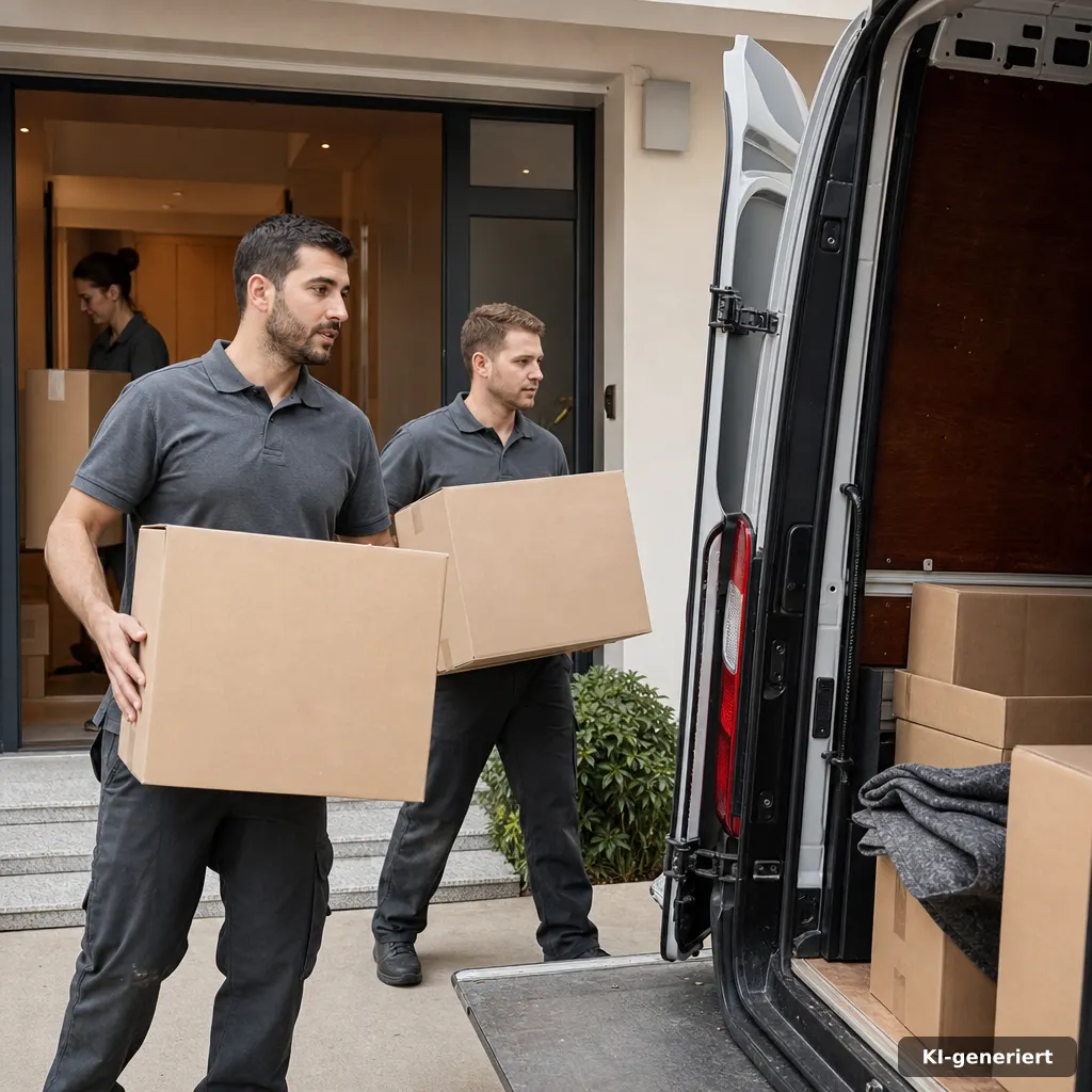 Umzugsteam verpackt ein Sofa und trägt Kartons zur Einlagerung