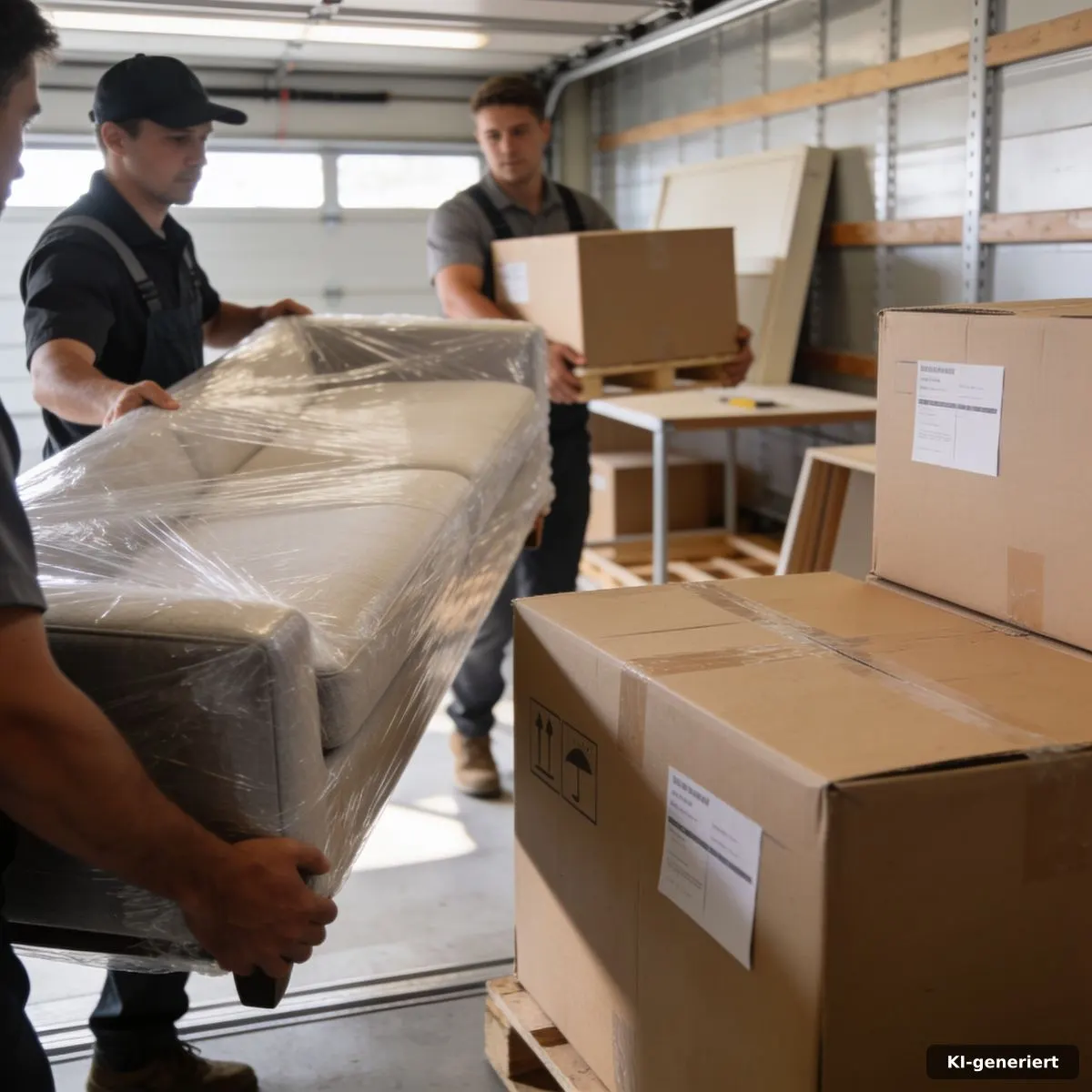 Umzugsteam bringt verpackte Möbel und Kartons in einen Lagerbereich