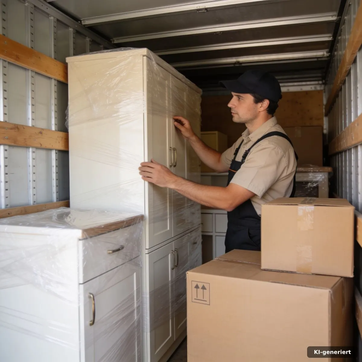 Mitarbeiter prüft verpackte Schränke und stabile Kartons im Lager