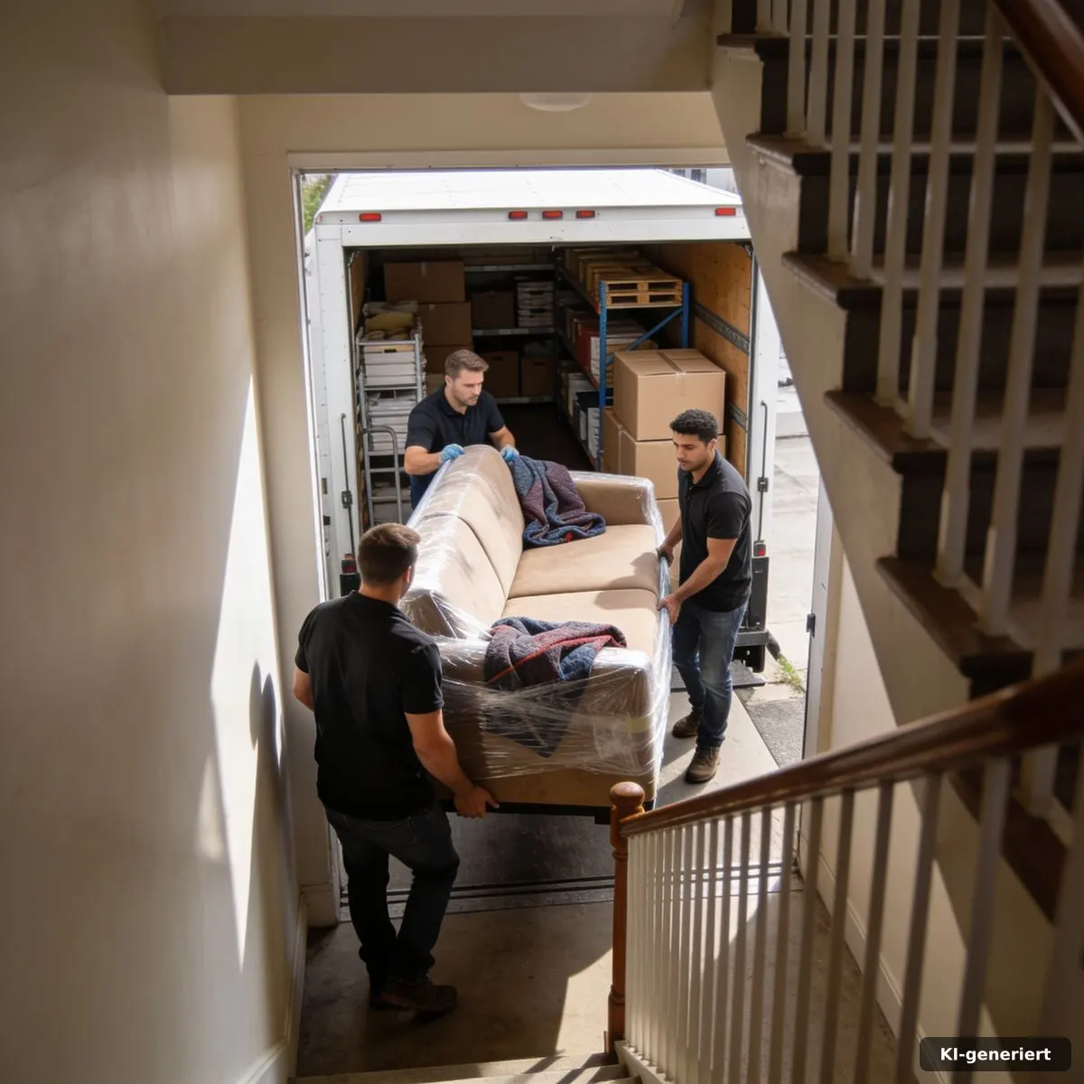 Umzugsteam koordiniert den Möbeltransport durch ein enges Treppenhaus