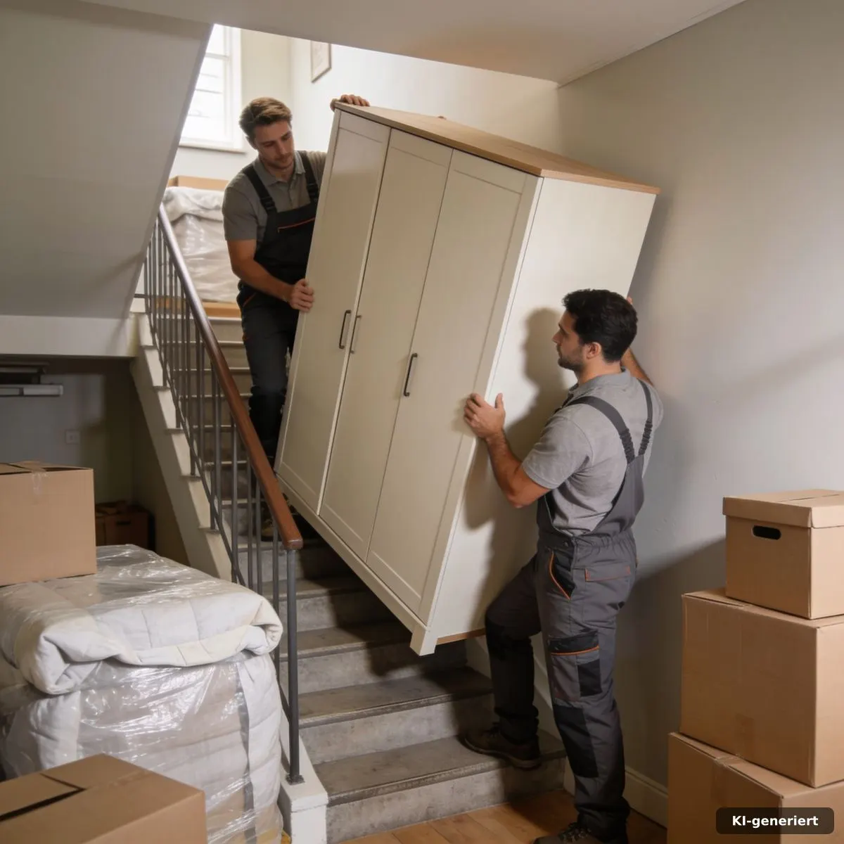 Umzugsteam trägt einen geschützten Schrank durch ein enges Treppenhaus